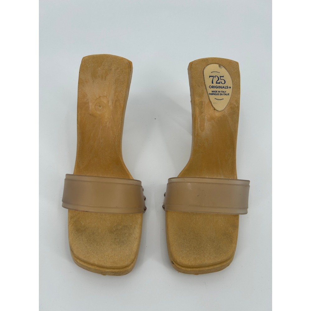 725 Originals Vintage Lucite Heel Wood Slide Sandals Tan Size 8 - Picture 3 of 8